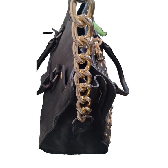 Black Leather Brass Studded Chain and Leather Handles Purse Satchel Tote - Picture 5 of 9